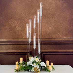 Full Clear High Candle holder, acrylic light pole with crystal glass hurricane tube for candle flame. wedding candlestick table centerpiece