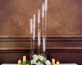 Full Clear High Candle holder, acrylic light pole with crystal glass hurricane tube for candle flame. wedding candlestick table centerpiece