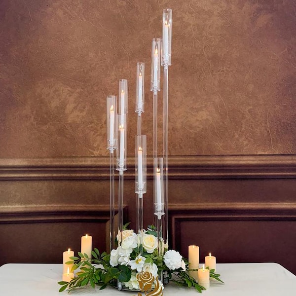 Full Clear High Candle holder, acrylic light pole with crystal glass hurricane tube for candle flame. wedding candlestick table centerpiece