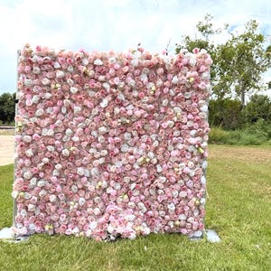 US Seller--5D pink Roses Flower Wall8*8ft - Flower Wall Rolling Up Curtain Wall, flower Fabric Backdrop，Artificial rolling up curtain flower