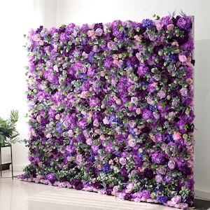 US Seller---5D Romantic Pink and Purple Rose Flower Wall(8x8 ft) , Roll-Up Curtain Style Fabric Flower Wall for Wedding Party Photo Backdrop