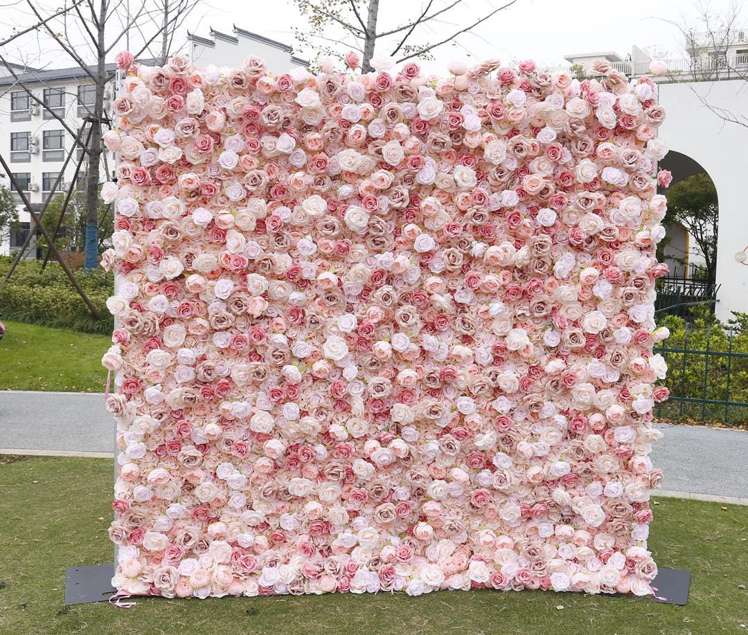 US Seller--5D blush Roses Flower Wall 8*8ft - Flower Wall Rolling Up Curtain Wall, flower Fabric Backdrop,Artificial rolling up curtain