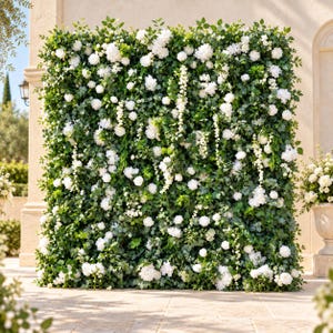May include: A large rectangular floral wall backdrop featuring a dense arrangement of green foliage and numerous white flowers, including roses and cascading blossoms, creating a full and textured botanical display for event decor.