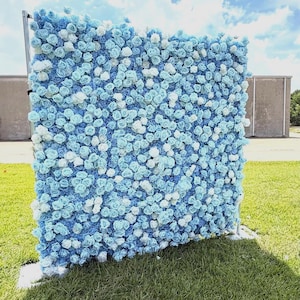 US seller---5D Blue Ocean Rose Flower Wall(8x8 ft) - Roll-Up Curtain Style Fabric Flower Wall for Wedding Party Photo Backdrop