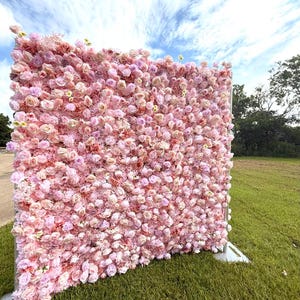 US Seller-5D pink Roses Flower Wall8*8ft - Flower Wall Rolling Up Curtain Wall, flower Fabric Backdrop，Artificial rolling up curtain flower