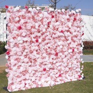 US Seller---5D Romantic Pink Rose Flower Wall (8x8 ft) - Roll-Up Curtain Style Fabric Flower Wall for Wedding Party Photo Backdrop