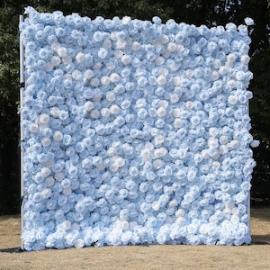 US Seller---5D Blue and White Rose Flower Wall  - Flower Wall Rolling Up Curtain Wall, Fabric Flower Wall, Wedding Party Photo Backdrop