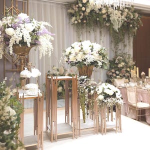 Ships from Houston | Set of 3 Gold Metal Pillars, Square Base Wedding Backdrop Stands, Round Column Display for Dessert Tables & Party Decor