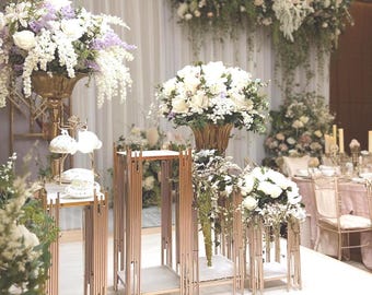 Ships from Houston | Set of 3 Gold Metal Pillars, Square Base Wedding Backdrop Stands, Round Column Display for Dessert Tables & Party Decor
