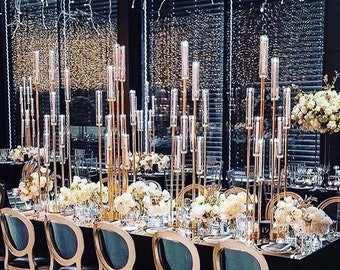 57''-10 Arm Gold Cluster Candelabra，Glass Tall Large Candle holder， Heavy Metal candleabra Engagement Showers Birthday