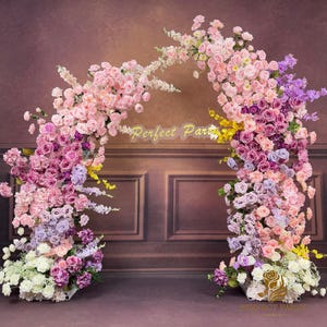 US Seller----Wedding Archway with Baby Pink & Purple Roses – Artificial Floral Arrangement for Wedding Pillars Event Backdrop Decoration