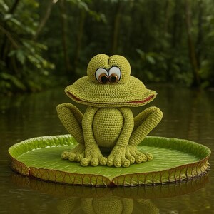 Pode incluir: Uma figura de rã feita à mão, de crochê, em tons de verde, sentada numa grande folha de nenúfar. A rã tem olhos grandes e expressivos e está posicionada num lago. A folha de nenúfar tem cerca de 30 cm de diâmetro.