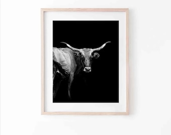 Black and White Longhorn Portrait – Western Wall Art, Rustic Farmhouse Decor, Longhorn Print