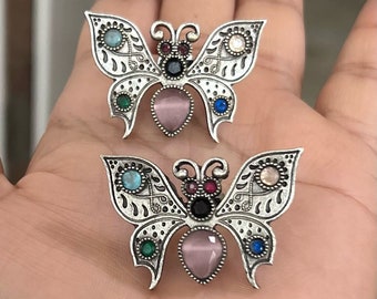 Silver Look Alike Butterfly Stud Earrings, Monalisa Colored Stone Oxidized Indian Party Wear Rustic Bohemian Earring, Ethnic Boho Jewelry