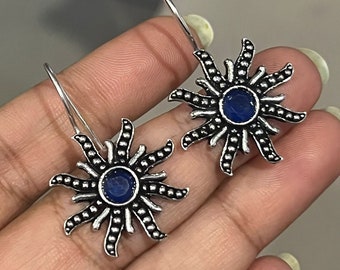 Sun Shaped Tiny Hook Earring Stud, Silver Oxidised Beautiful Oxidized Indian Wedding Wear Antique Boho Jewelry For Women USA Free Delivery