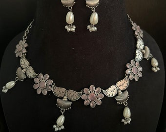 Bollywood Oxidized Flower Choker, Monalisa Stone Antique Rustic Silver Necklace, Vintage SLA Indian Style Necklace, Women Ethnic Jewelry