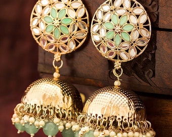 Premium quality Polki Kundan earrings/Jhumka Jhumki/Indian Jewelry/Gold Earrings/Victorian earrings/Pakistani earring/Green Bridal Earring