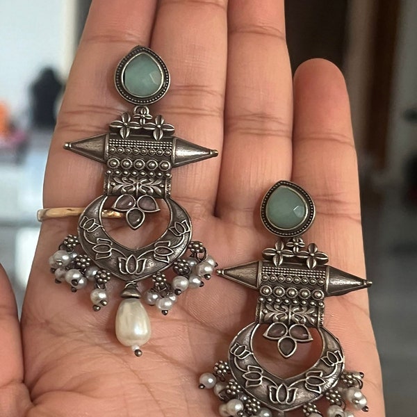 German Silver Long Dangler Earring, Oxidized Indian Pakistani Party Wear Antique Bohemian Earring, Ethnic Boho Indian Jewelry For Women USA