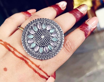 Bollywood Oxidized Ring for Women, Coloured Semi Precious Gemstone Bohemian German Silver Indian Free Shipping Jewelry For Gifting Purpose