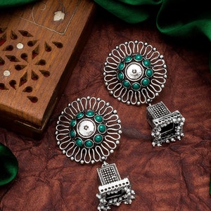 Oxidized Earrings/German Silver Jhumka earrings set for Party/Indian/Silver/Pakistani/Boho/Antique/Lightweight/Green/Tribal/Afghani Jewelry image 5