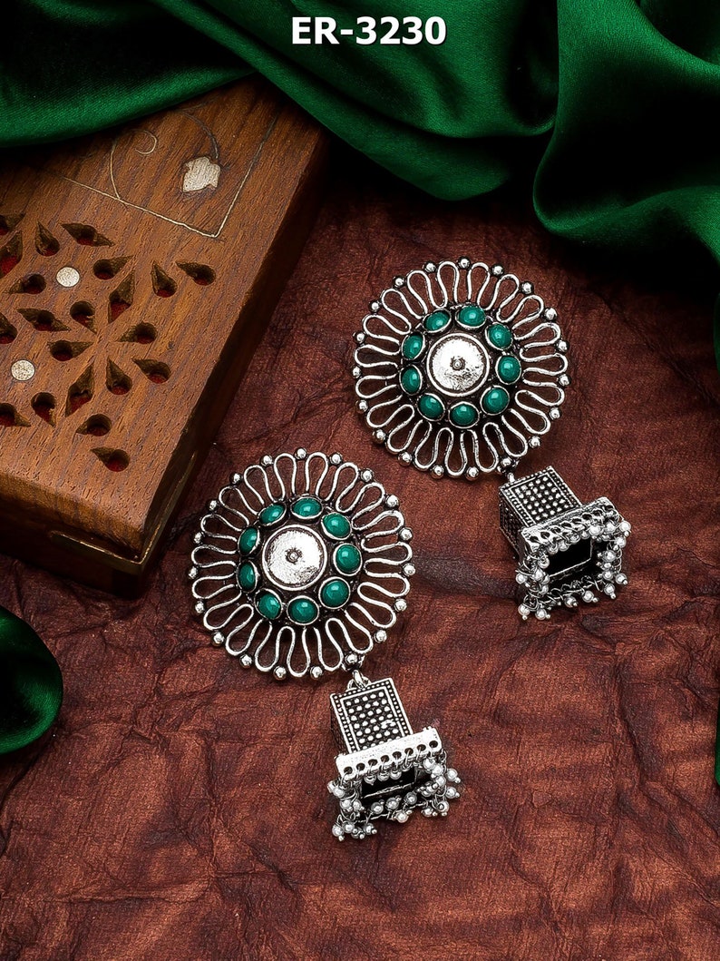 Oxidized Earrings/German Silver Jhumka earrings set for Party/Indian/Silver/Pakistani/Boho/Antique/Lightweight/Green/Tribal/Afghani Jewelry image 5