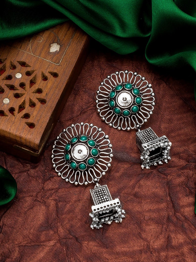 Oxidized Earrings/German Silver Jhumka earrings set for Party/Indian/Silver/Pakistani/Boho/Antique/Lightweight/Green/Tribal/Afghani Jewelry image 1