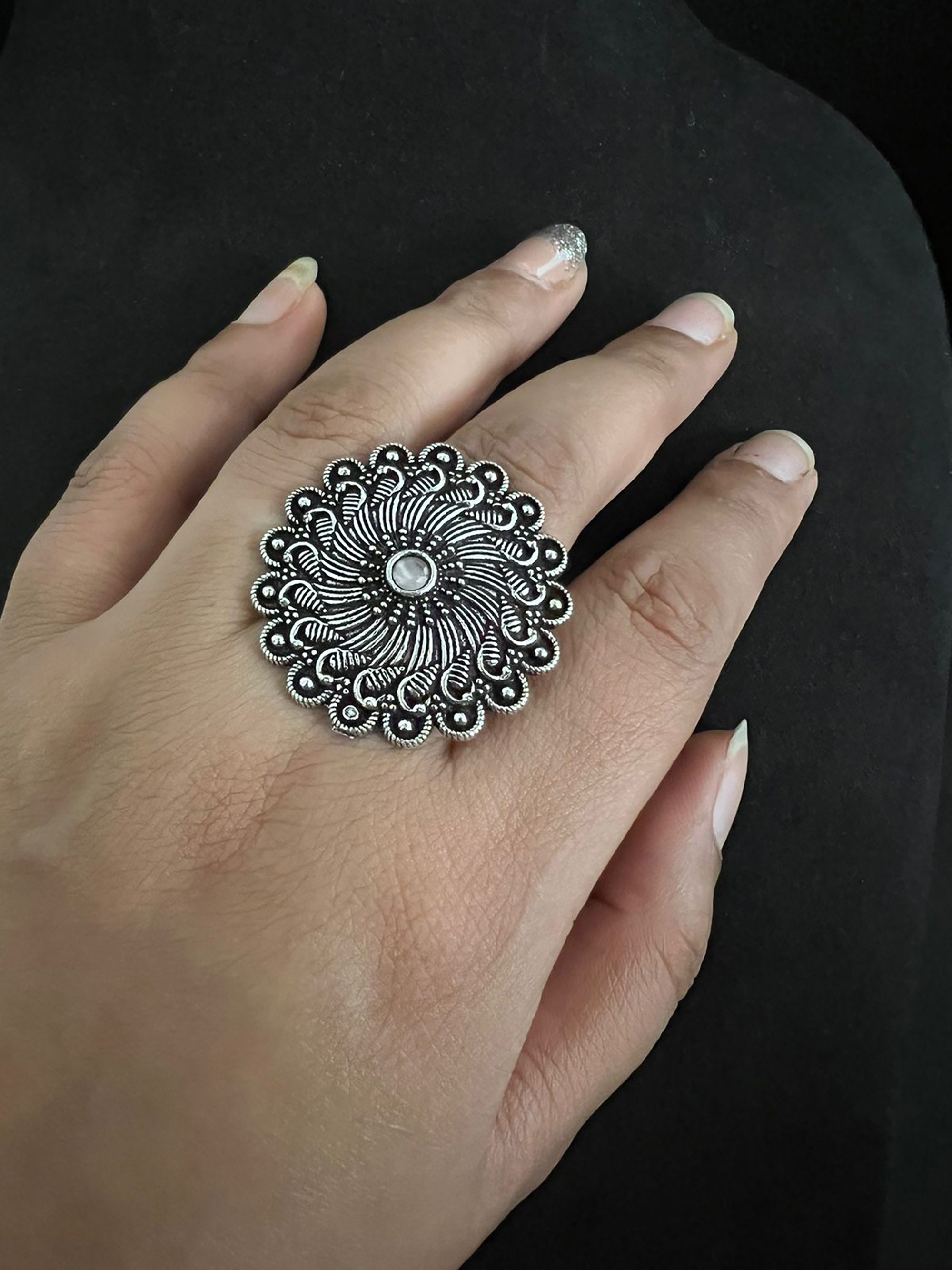 Oxidized German Silver Adjustable Finger Ring 10 - Glamaya