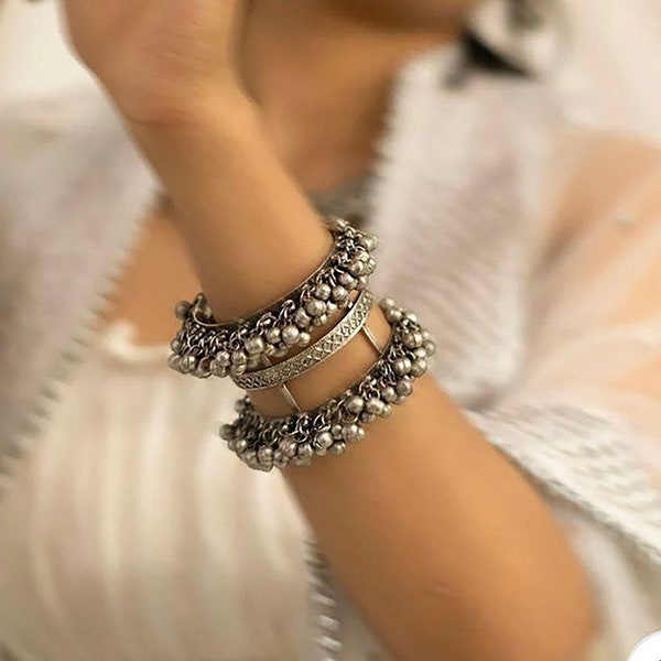 Ghungroo Cuff Kada Bracelet, Oxidized German Silver Adjustable Bangle, Antique Rustic Bracelet, Indian Oxidized Jewelry Gift for Women