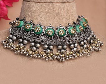 Indian Oxidized Kundan Choker Set, Handcrafted Choker With Jhumki Earrings, Antique Dual Tone Jewelry, Indian Necklace Combo Free Delivery