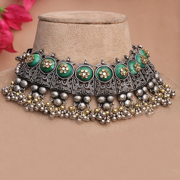 Indian Oxidized Kundan Choker Set, Handcrafted Choker With Jhumki Earrings, Antique Dual Tone Jewelry, Indian Necklace Combo Free Delivery