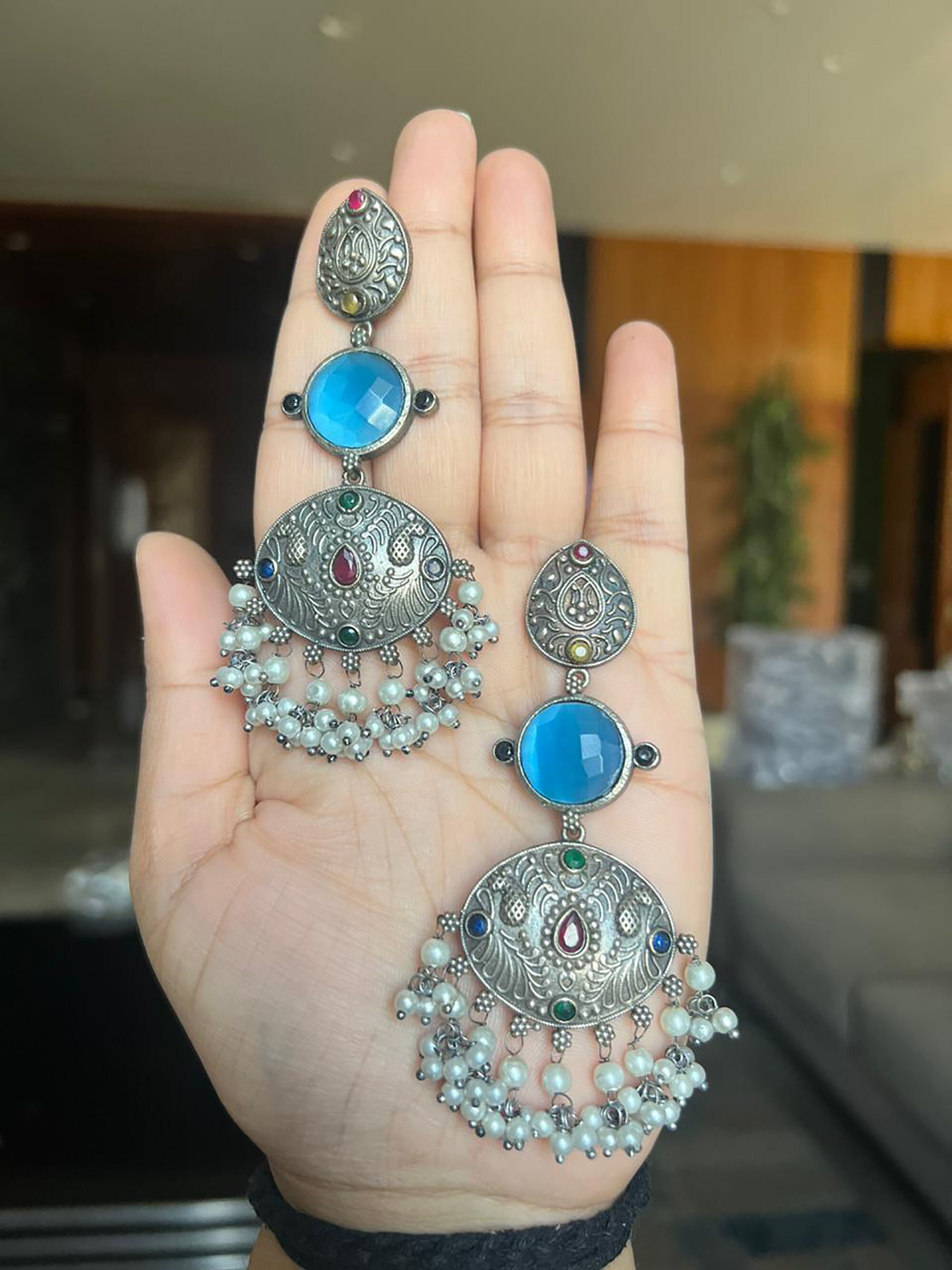 Blue shop oxidised earrings