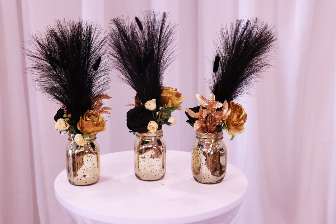 Black Rose and Gold Rose Centerpieces Mirrored Mason Jars, Bud Vases
