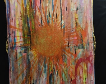 Ensoleiller - peinture à l’huile et peinture acrylique en plusieurs couches peintes avec différentes techniques puis vernies, soleil