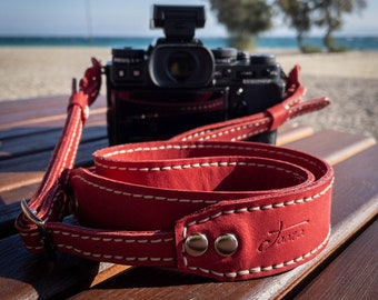 Custom Crazy Leather Camera Strap in Red Color For Neck And Shoulder, Completly Handmade Stitches,  With Lessweight Metal Trims