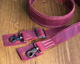 Customized Crazy Leather Camera Strap in Red Color For Neck And Shoulder, Completely Handmade Stitches, Ready To Ship Within 5 Days