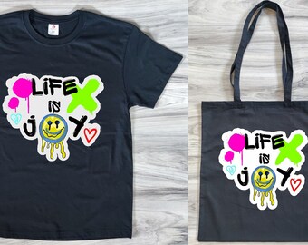 Life is Joy Graphic T-Shirt and Tote Bag Set - Positive Vibes, Inspirational Design