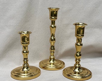 Three Graduated Brass Candlestick Holders, Vintage Partylite, Shiny Gold