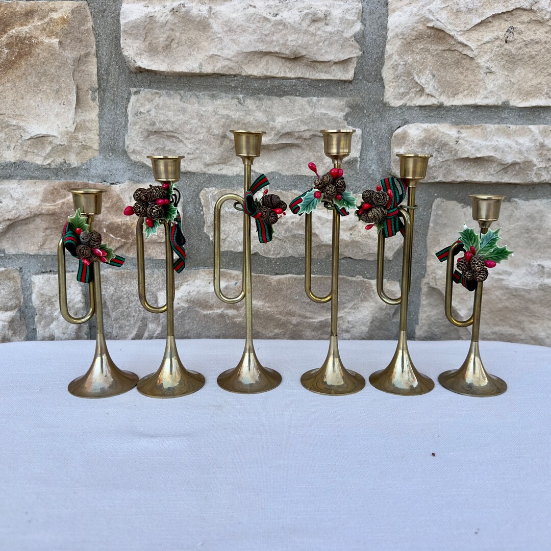 Brass Horn Candle Holder Set of Three Vintage Christmas Etsy