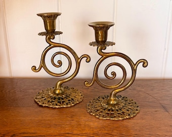 Vintage Brass Candle Holder: Set of 2 Ornate Filigree Taper Holders