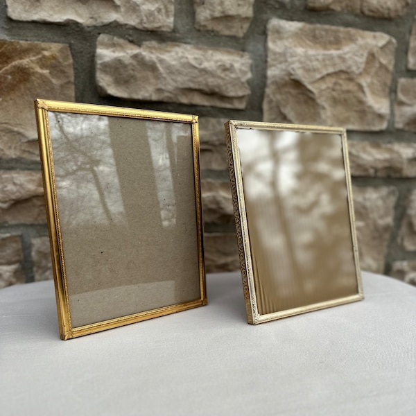 Vintage Gold Tone Picture Frames, 8 x 10 Tabletop Photo Frames, Hollywood Regency, Velvet Back Easel