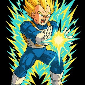 May include: Illustration of a character from Dragon Ball Z, Vegeta, in a dynamic pose. He is wearing a blue and white suit with yellow accents, and his spiky blonde hair is prominent. Energy emanates from his hands in a yellow and blue burst against a black background.