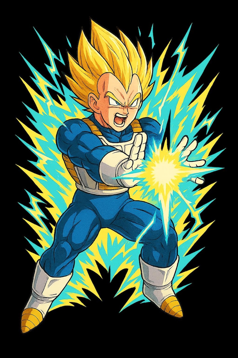 May include: Illustration of a character from Dragon Ball Z, Vegeta, in a dynamic pose. He is wearing a blue and white suit with yellow accents, and his spiky blonde hair is prominent. Energy emanates from his hands in a yellow and blue burst against a black background.