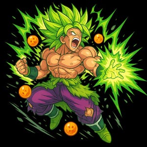 May include: Illustration of a muscular character with spiky green hair, purple pants, and green boots, surrounded by green energy blasts and orange orbs. The character is yelling with an open mouth, and the background is black.