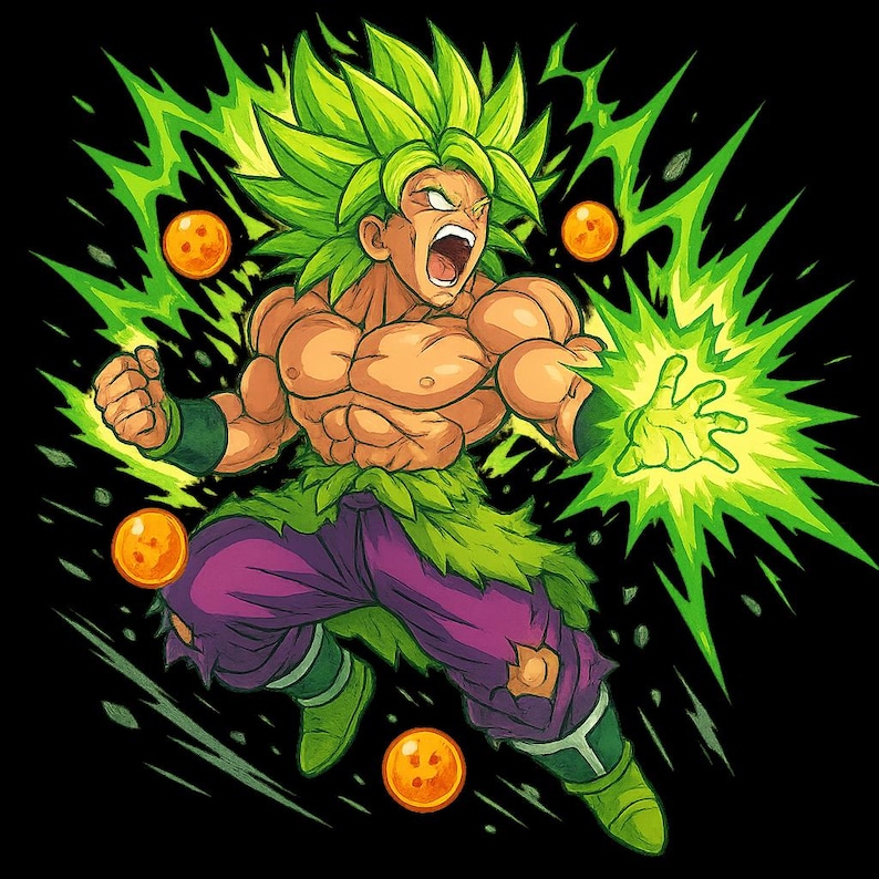 May include: Illustration of a muscular character with spiky green hair, purple pants, and green boots, surrounded by green energy blasts and orange orbs. The character is yelling with an open mouth, and the background is black.