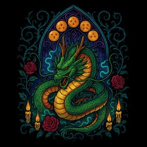 May include: A detailed illustration of a green dragon with a yellow underbelly, set against a stained-glass window background. The dragon is surrounded by red roses, candles, and swirling vines. Above the dragon are five golden orbs.