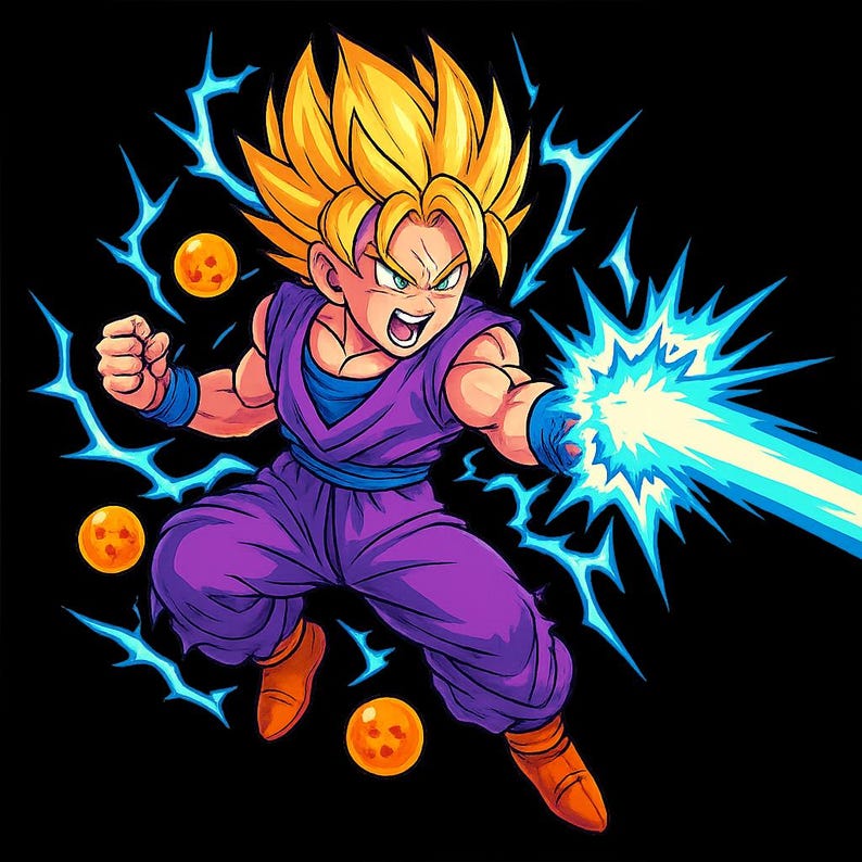 May include: Illustration of a young character with spiky yellow hair, wearing a purple outfit, and orange boots. The character is emitting a blue energy blast, with three orange orbs and blue lightning bolts on a black background.