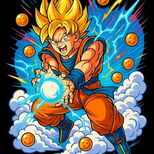 May include: Illustration of a character with spiky yellow hair and orange and blue clothing, surrounded by glowing orbs and blue energy. The character is in a dynamic pose, with hands outstretched, creating a ball of energy. Set against a black background.