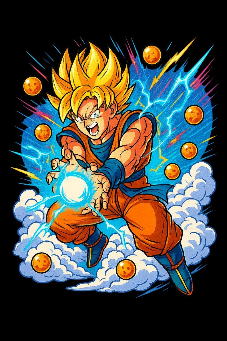 May include: Illustration of a character with spiky yellow hair and orange and blue clothing, surrounded by glowing orbs and blue energy. The character is in a dynamic pose, with hands outstretched, creating a ball of energy. Set against a black background.