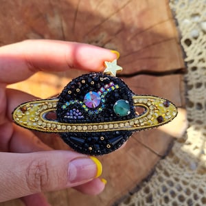 Handmade Planet Brooch, Embroidered Jewelry, Saturn Jewelry ,Jupiter Jewellry, Galaxy Ornament, Beaded Pin, Customized Gift, Planet Pin image 7