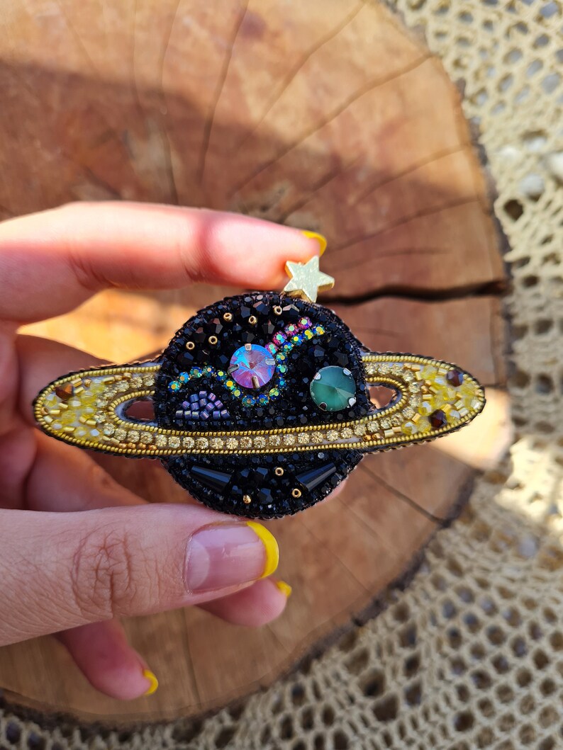 Handmade Planet Brooch, Embroidered Jewelry, Saturn Jewelry ,Jupiter Jewellry, Galaxy Ornament, Beaded Pin, Customized Gift, Planet Pin image 7